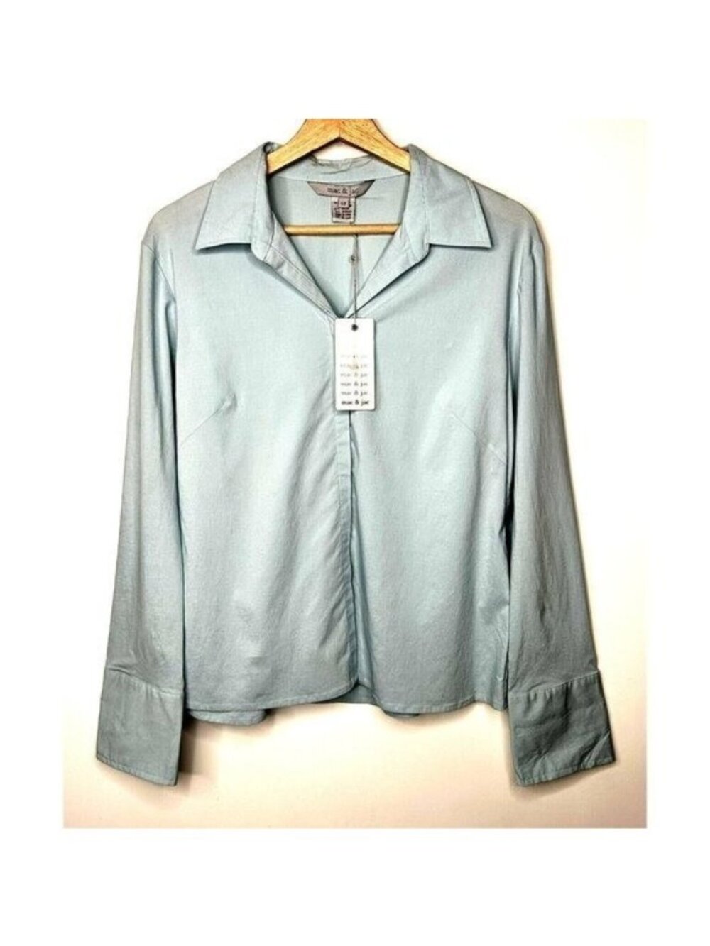 Mac & Jac Satin Blouse Womens 10 Light Blue Stretch Career Office Shirt NWT